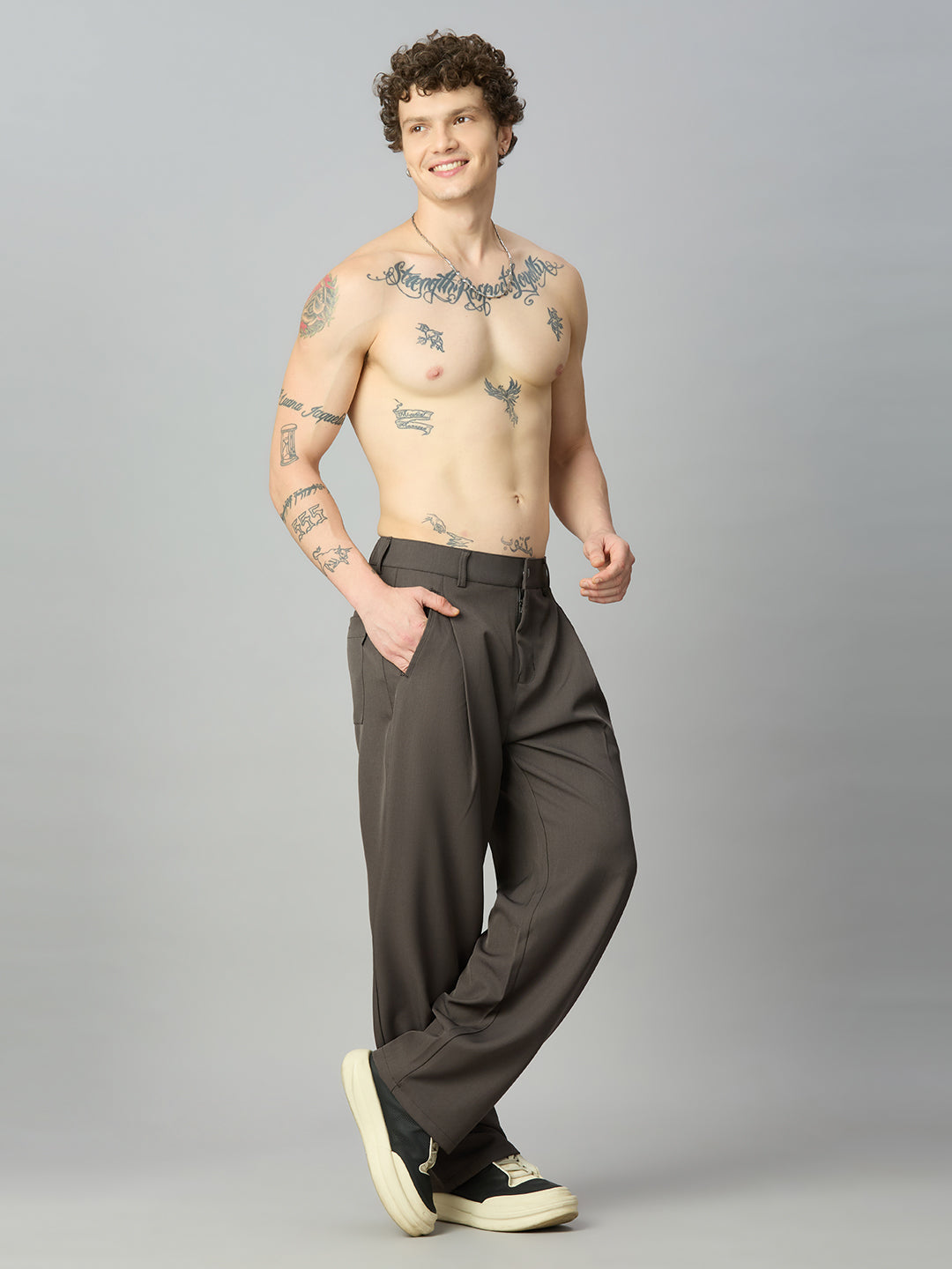 Model wearing Korean fit baggy Tencel pants with contemporary casual styling