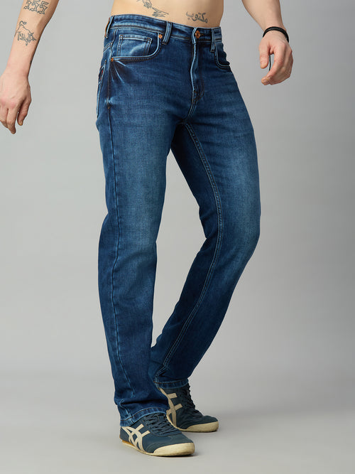 Men's straight fit stretch denim jeans in a medium blue wash for everyday comfort – right side view