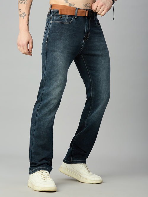 Men's straight fit jeans featuring an attached adjustable belt and premium washed denim – right side view