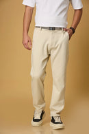 Front view of LOFA men’s beige straight fit trousers with built-in belt – stretchable Tencel cotton blend fabric.