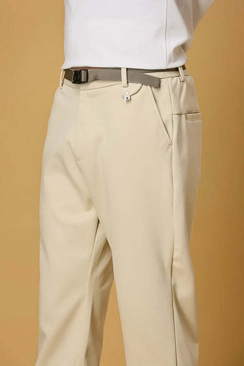Close-up of beige Tencel cotton spandex fabric and belt detail – smooth stretch texture of LOFA men’s formal trousers.