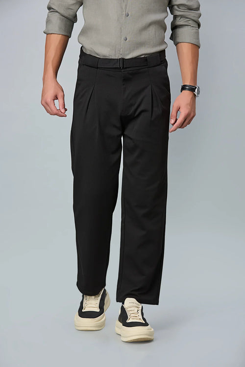 Men’s formal black trousers with in-built belt and inverted pleats – front view
