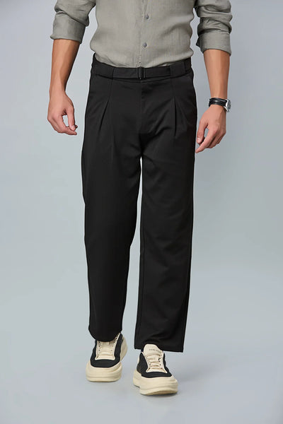 Men’s formal black trousers with in-built belt and inverted pleats – front view