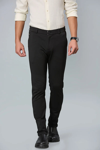 Front view of LOFA men’s Black slim fit stretchable formal trousers – cotton polyester spandex blend with modern tailored look.