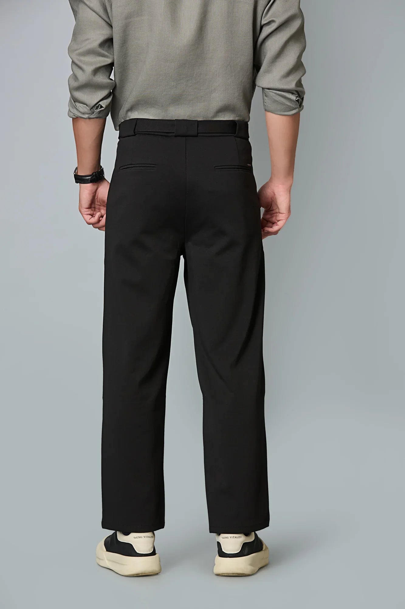 Back design of men’s formal trousers with tailored fit and stretchable fabric- smart casual pants back view 