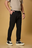Side view of Black straight fit formal trousers for men – LOFA stretchable Tencel cotton spandex blend with belt detail.