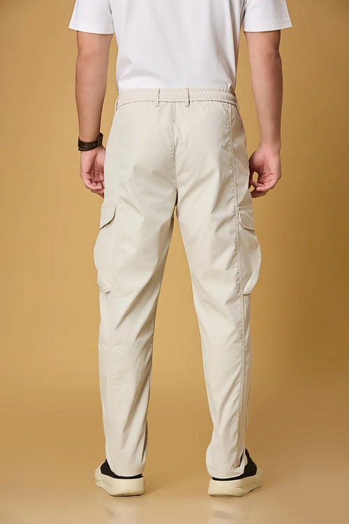 Men’s beige cargo trousers back view – casual fit polyester pants.