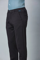 Close-up of nylon–cotton–spandex fabric and fine stitching detail of LOFA stretchable formal trousers.