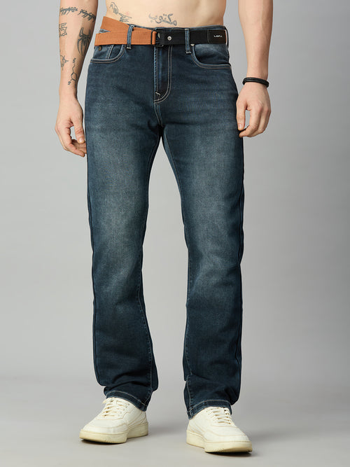 Men's straight fit deep blue washed denim jeans with attached adjustable webbing belt – front view