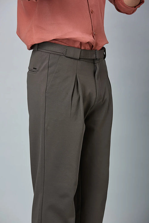 In-built belt detail on men’s stretchable formal trousers – comfort fit waistband