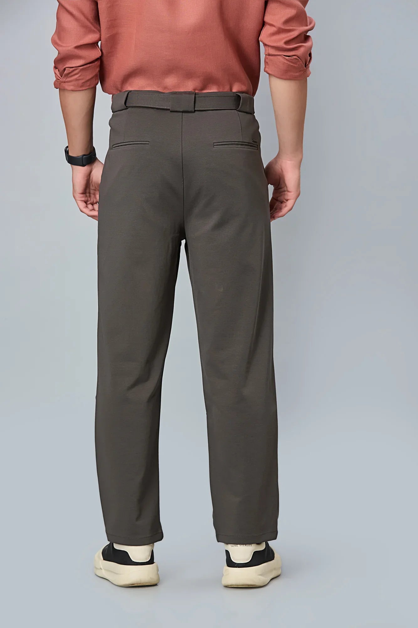 Back design of men’s formal trousers with tailored fit and stretchable fabric back view