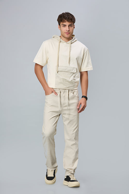 Straight Fit Cotton Off-White Textured Pants