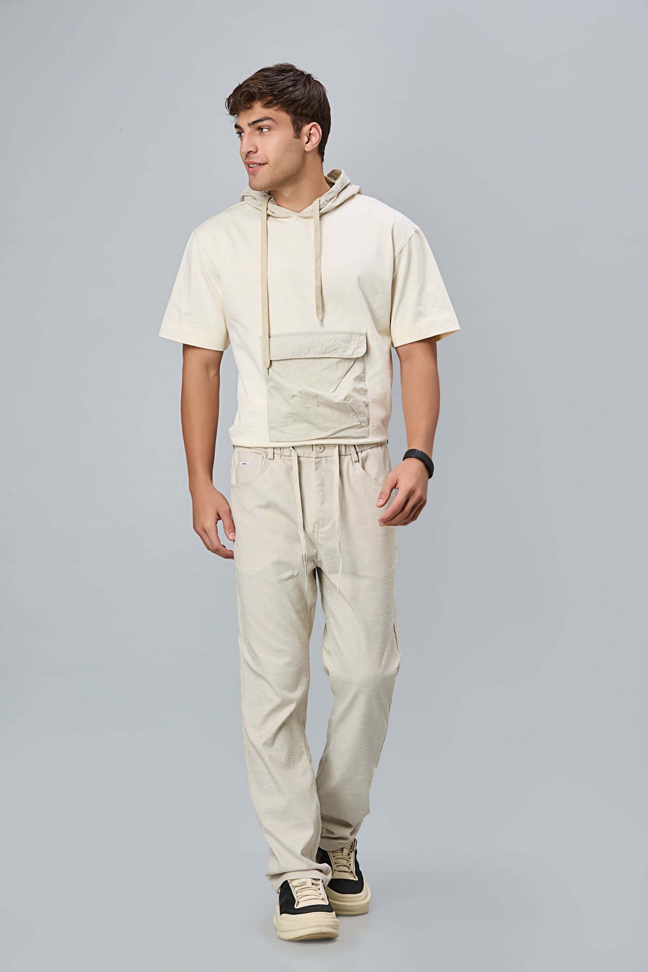 Straight Fit Cotton Off-White Textured Pants