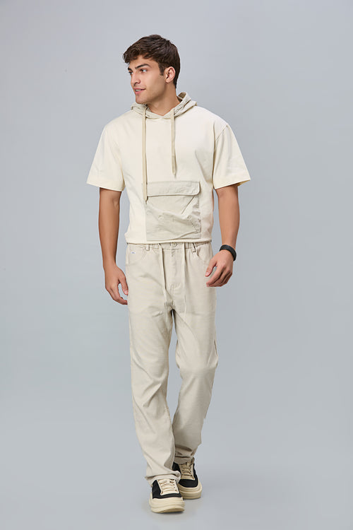 Straight Fit Cotton Off-White Textured Pants