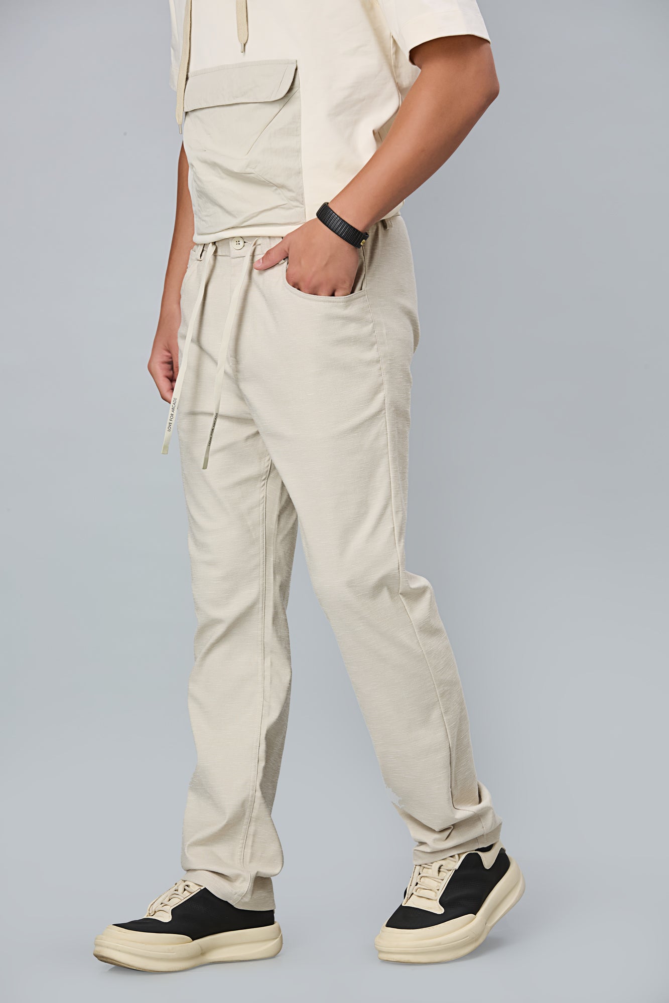 Straight Fit Cotton Off-White Textured Pants