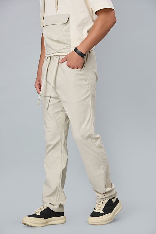 Straight Fit Cotton Off-White Textured Pants