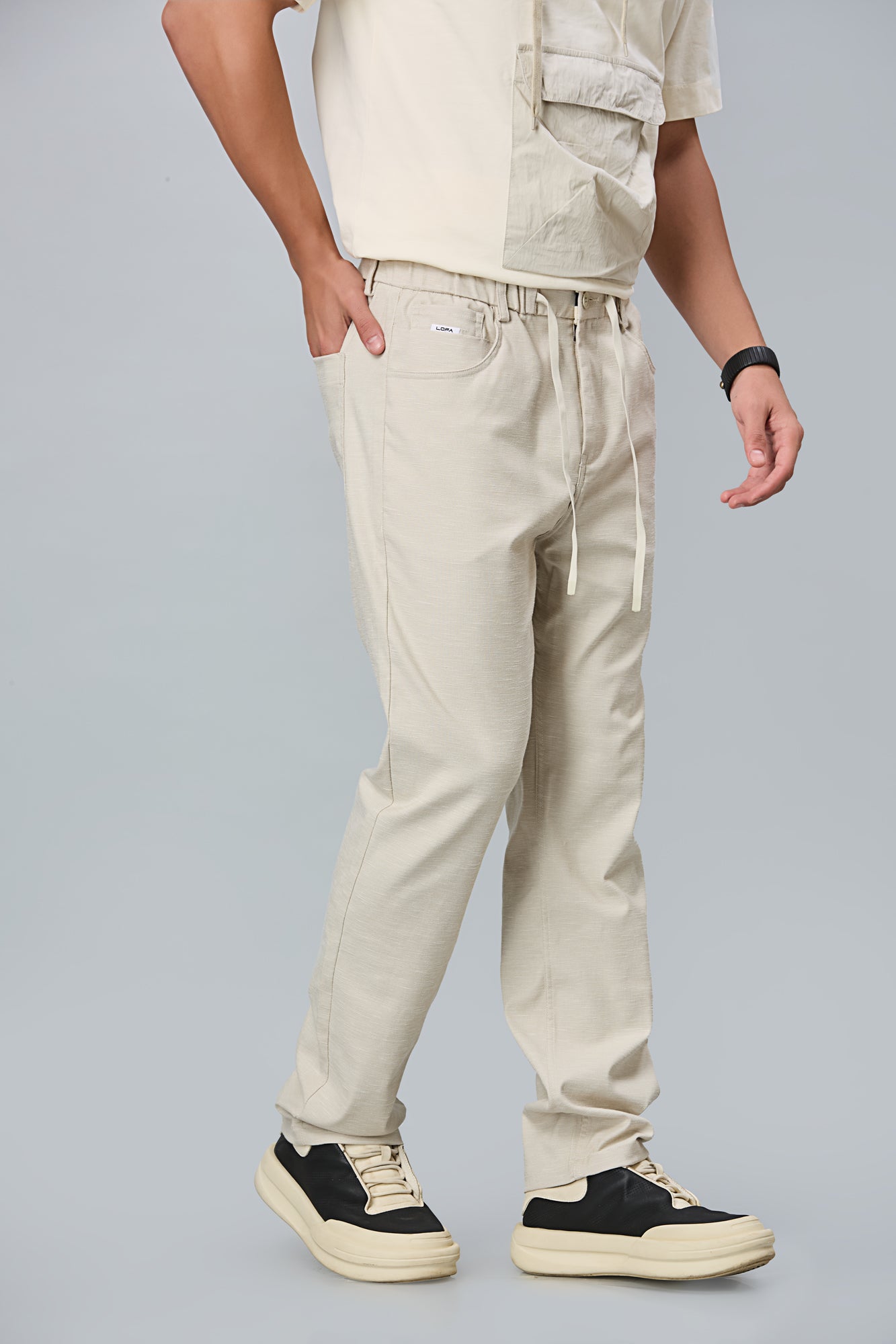 Straight Fit Cotton Off-White Textured Pants