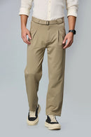 Men’s casual trousers with in-built belt and inverted pleats – front view