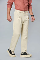 Premium beige men’s formal pants with belt and inverted pleats – stylish formal wear