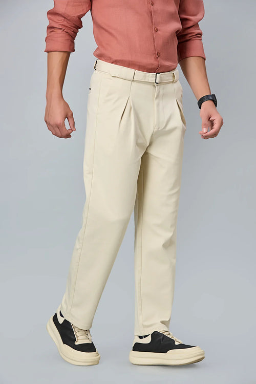 Premium beige men’s formal pants with belt and inverted pleats – stylish formal wear