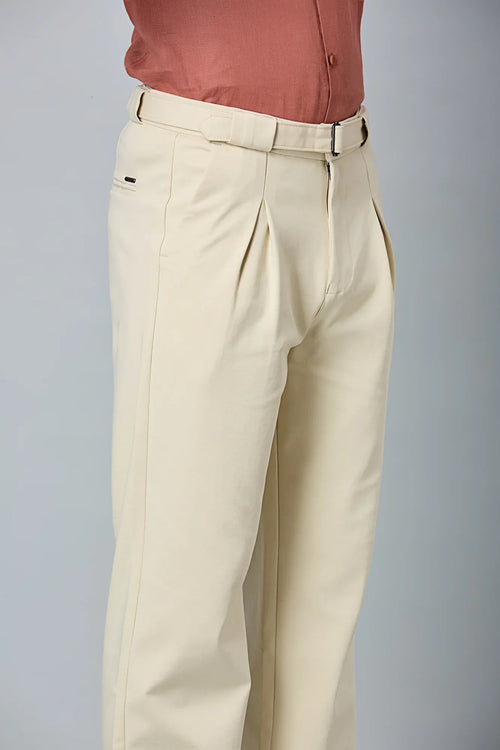 Light beige trousers In-built belt detail on men’s stretchable formal trousers – comfort fit waistband