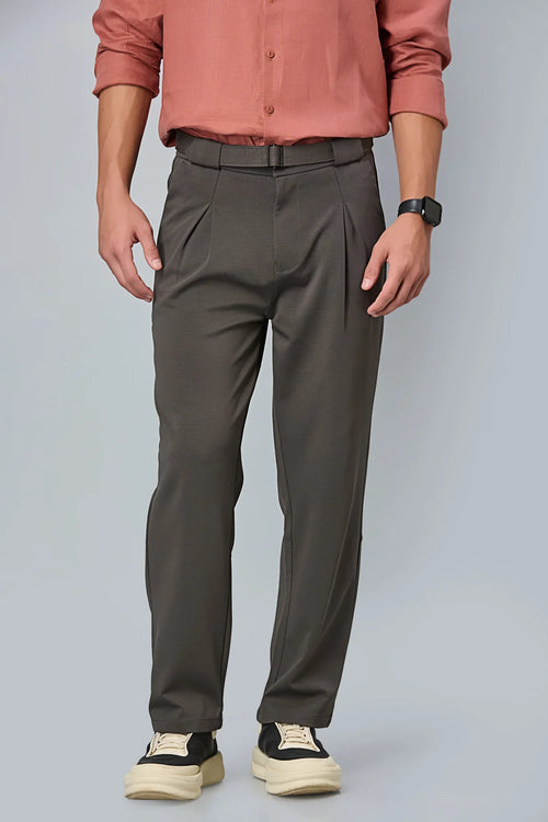 Men’s grey formal trousers with in-built belt and inverted pleats – front view