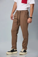 Side View of Coffee Brown Relaxed Fit Stretchable Trousers with Waist String – LOFA