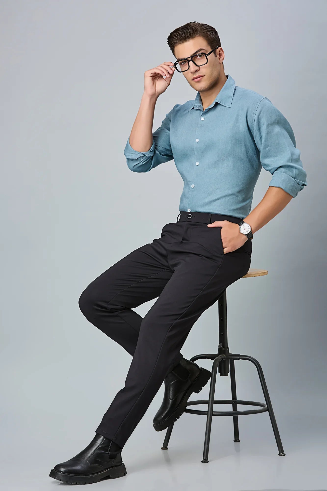 Full look of men’s formal trousers styled with shirt and shoes – LOFA comfort stretch pants for office and formal wear.