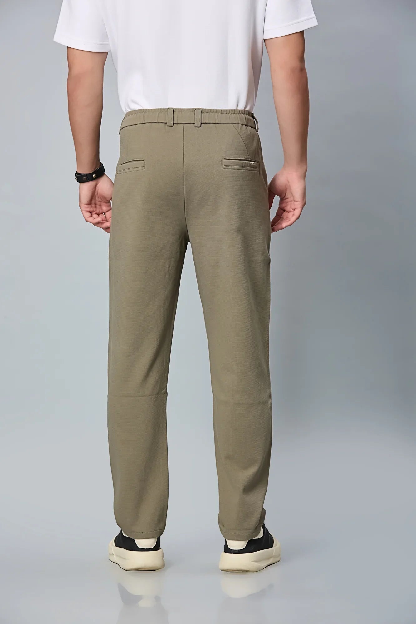 Back View of LOFA Men’s Mehendi Green Relaxed Fit Trousers – Cotton Polyester Blend