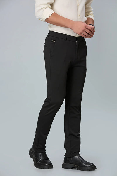 Side view of Black slim fit formal trousers for men – LOFA comfort stretch design with wrinkle-resistant fabric.