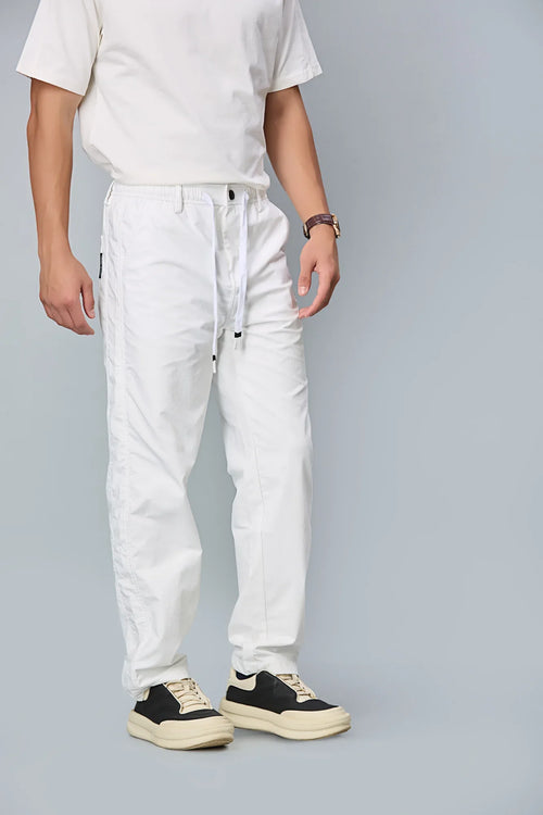 Side View of LOFA White Comfort Fit Trousers with Waist String