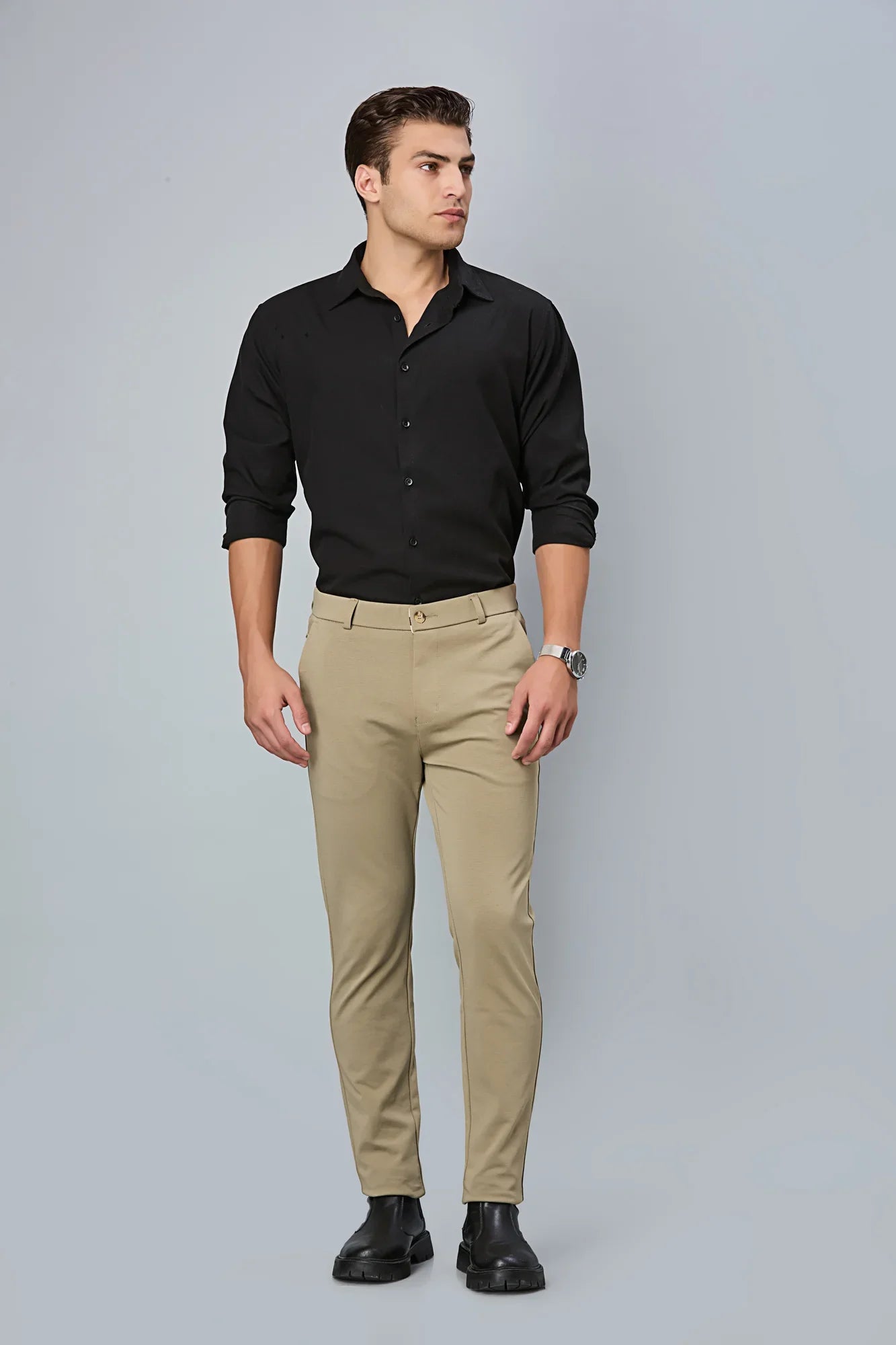 Full outfit look with LOFA khaki slim fit formal trousers – paired with shirt and shoes for a refined office style.