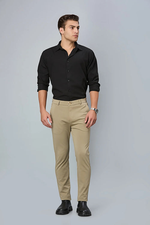 Full outfit look with LOFA khaki slim fit formal trousers – paired with shirt and shoes for a refined office style.