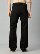 Men's solid black straight fit denim jeans with classic back pockets – back view