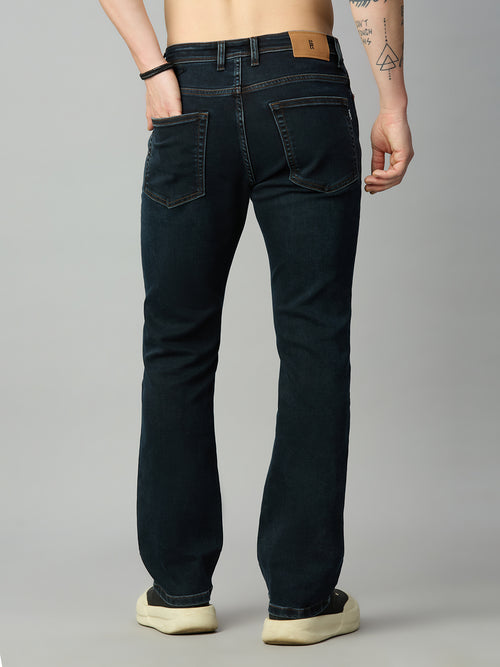 Men's dark wash straight fit denim jeans with classic back pocket construction – back view