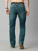 Men's light blue-green straight fit denim jeans with adjustable web belt and classic back pockets – back view