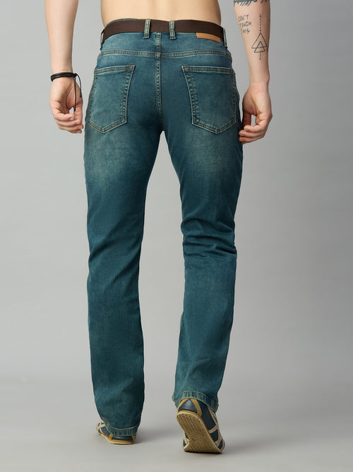 Men's light blue-green straight fit denim jeans with adjustable web belt and classic back pockets – back view