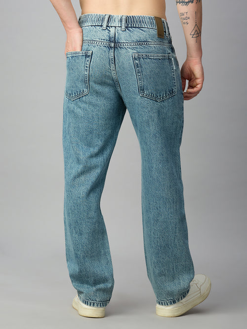Men's light blue washed baggy denim jeans with elastic waistband and classic back pockets
