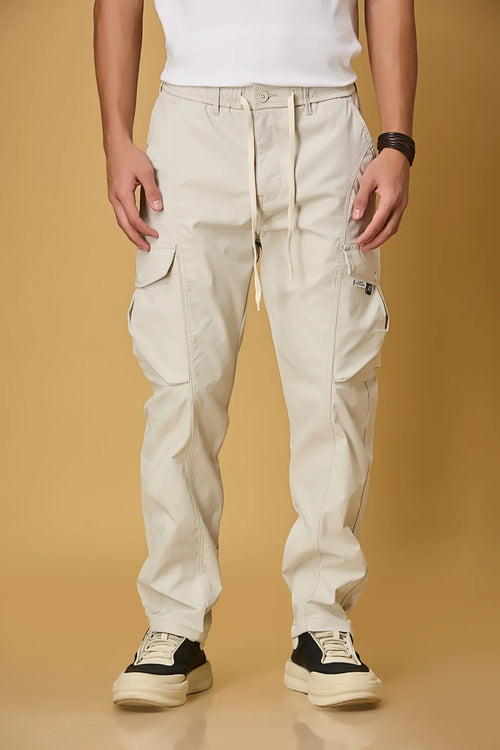 Men’s beige polyester cargo pants front view – casual fit trousers with waist string.
