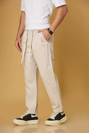 Beige trousers side view showing comfort fit and adjustable waist.