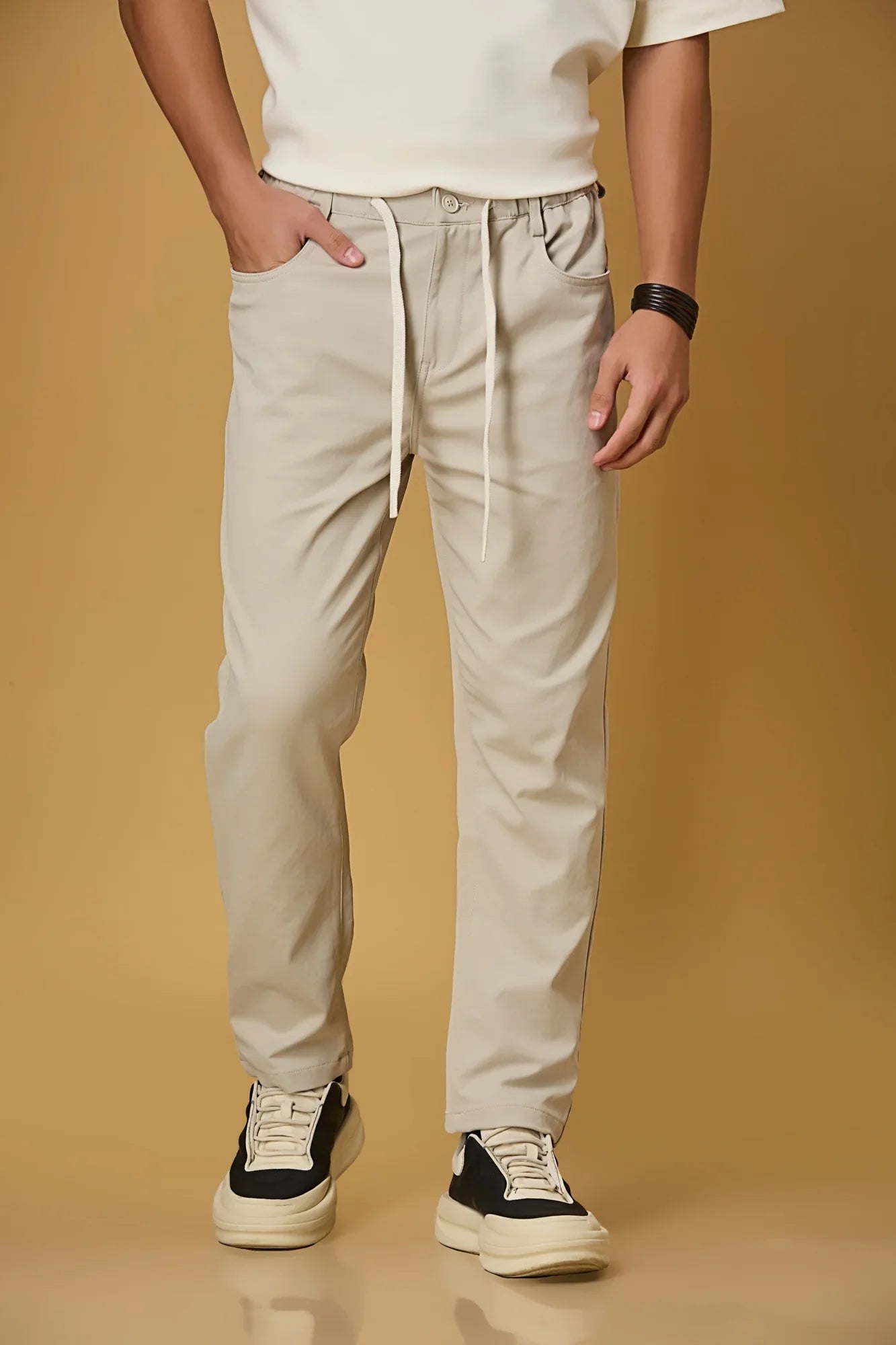 Comfort Fit Beige Casual Trousers