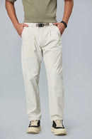 Men’s beige polyester trousers front view – comfort fit with double pleats and belt.