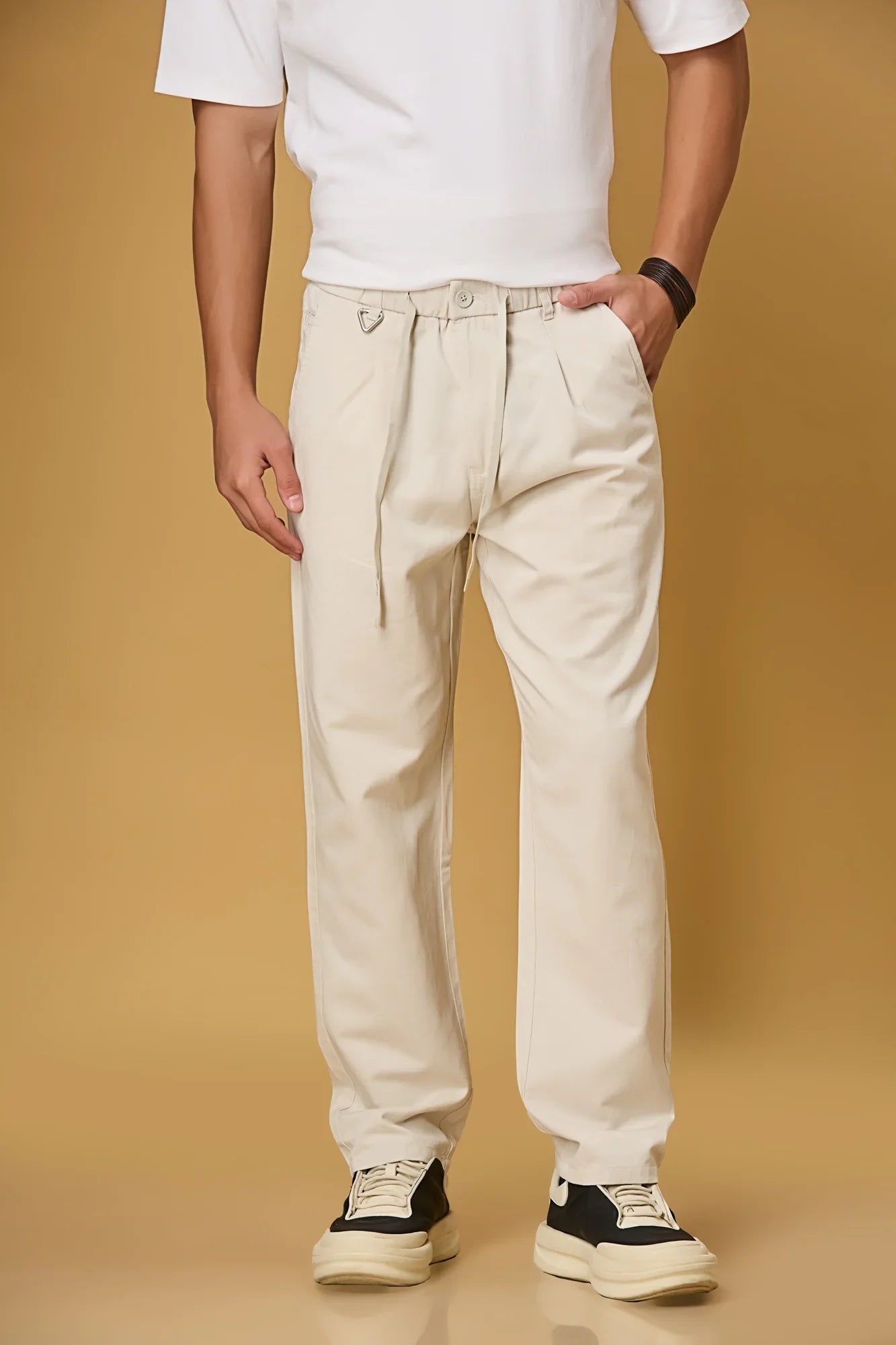 Beige Comfort Fit Casual Trousers