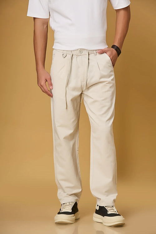 Men’s beige Tencel-cotton trousers front view – comfort fit with waist string and triangle ring.