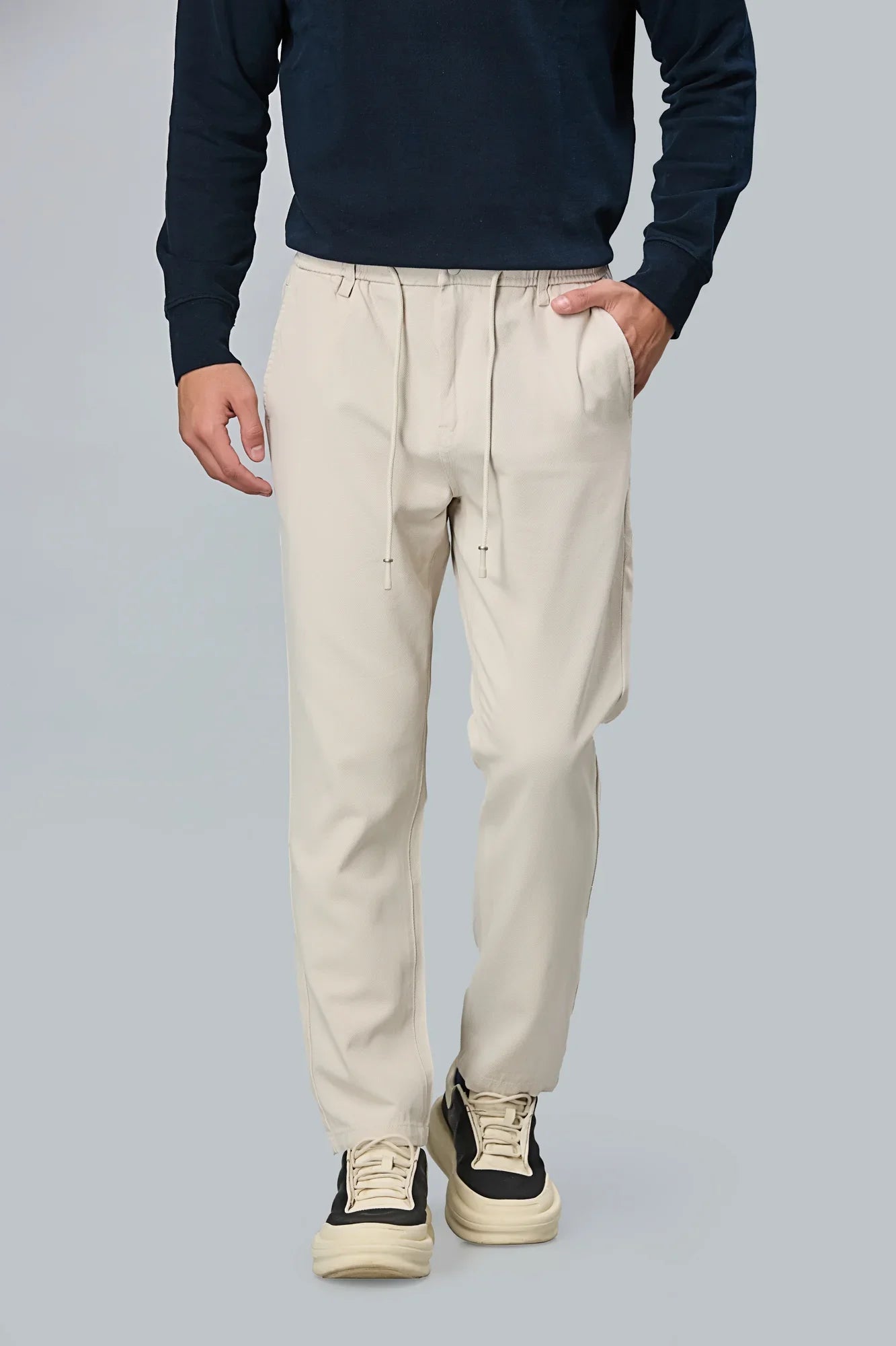 Beige Comfort Fit Casual Trousers