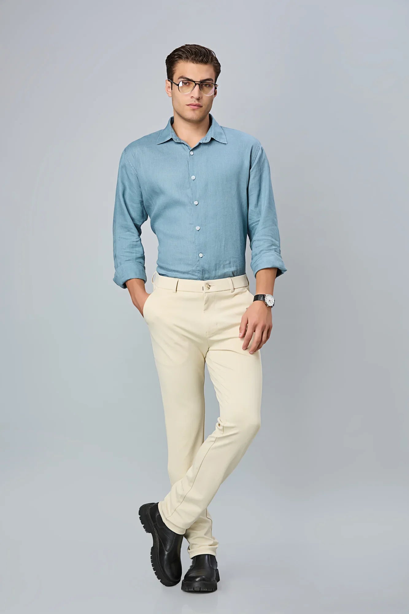 Full outfit look with LOFA beige slim fit formal trousers – paired with shirt and shoes for a refined office style.