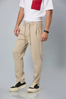 Side View of khaki Relaxed Fit Stretchable Trousers with Waist String – LOFA