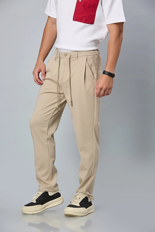 Side View of khaki Relaxed Fit Stretchable Trousers with Waist String – LOFA