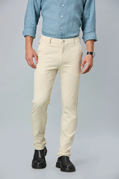 Front view of LOFA men’s beige slim fit stretchable formal trousers – cotton polyester spandex blend with modern tailored look.