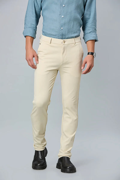 Front view of LOFA men’s beige slim fit stretchable formal trousers – cotton polyester spandex blend with modern tailored look.